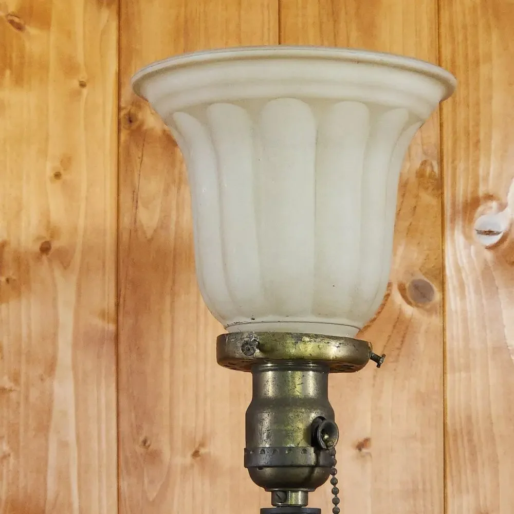 Antique Style Bronze Torchiere Lamp Hammered Column Frosted Tulip Shade